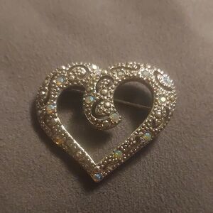 Vintage AAI Stamped Silver Toned AB Rhinestone Heart Brooch Pin